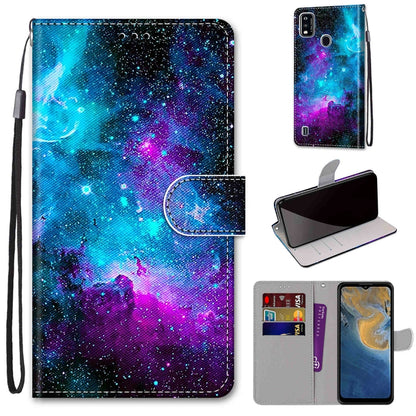 Mobile wallet case with cosmic galaxy print, folio cover, card slots, wrist strap