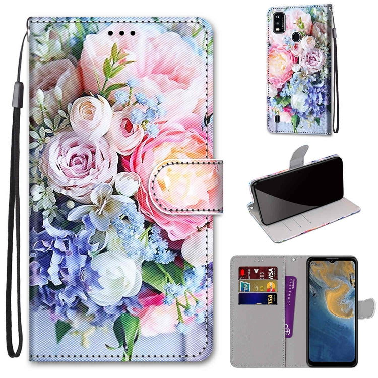 Mobile wallet case with floral bouquet print, folio cover, card slots, wrist strap