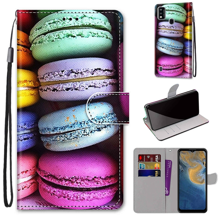 Mobile wallet case with colorful macarons print, folio cover, card slots, wrist strap