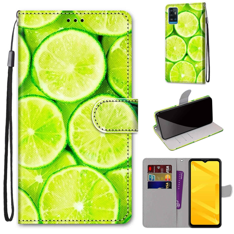 Mobile wallet case with green lime slice print, folio cover, card slots, wrist strap