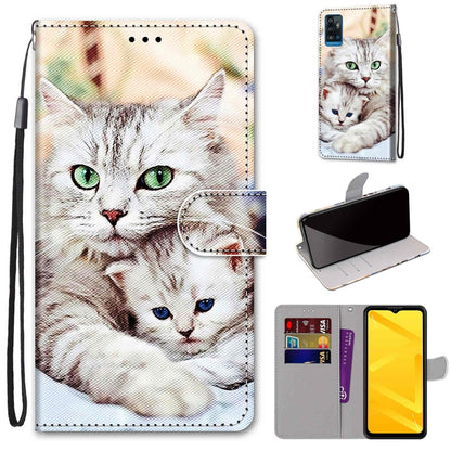 PU leather flip phone wallet case with cat print, card slots, and wrist lanyard