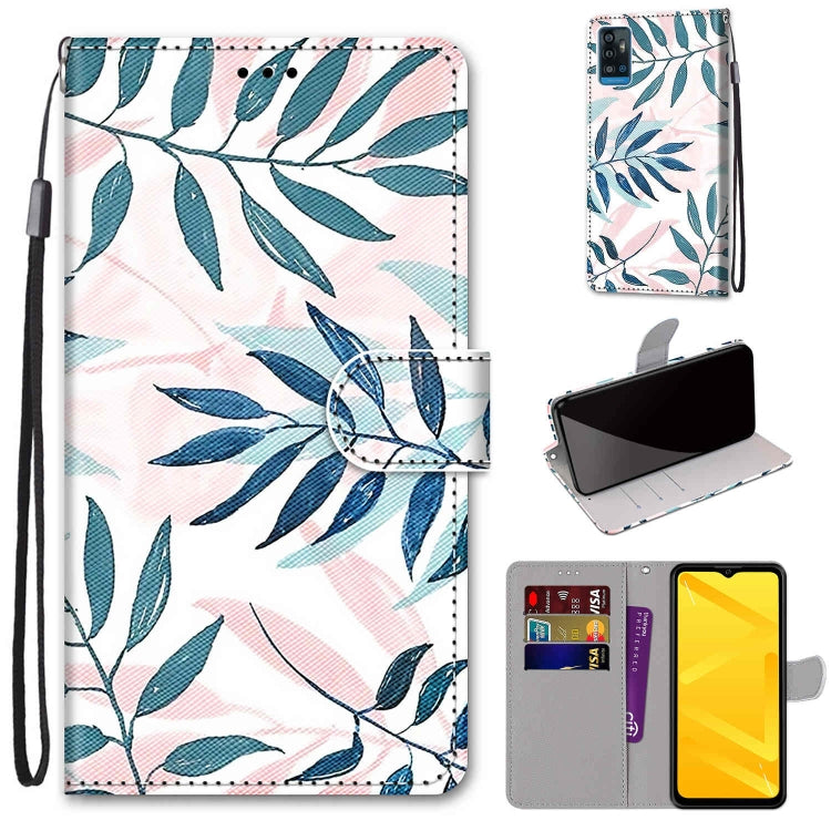 PU leather flip phone wallet case with blue leaf print, card slots, and wrist lanyard