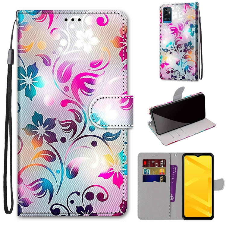 PU leather flip phone wallet case with colorful floral swirls, card slots, and lanyard