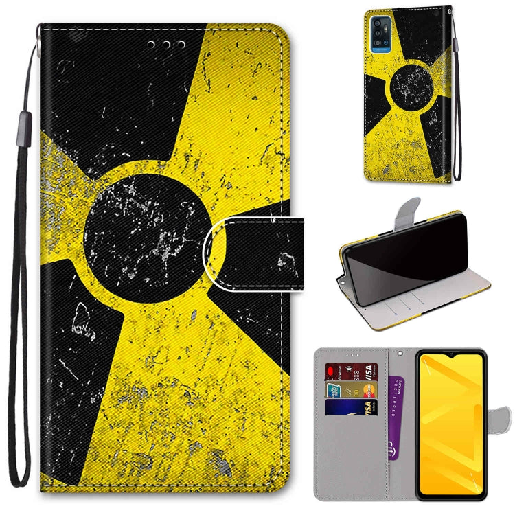 PU leather flip phone wallet case with black and yellow abstract design, card slots, lanyard