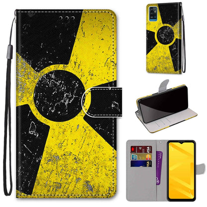 PU leather flip phone wallet case with black and yellow abstract design, card slots, lanyard