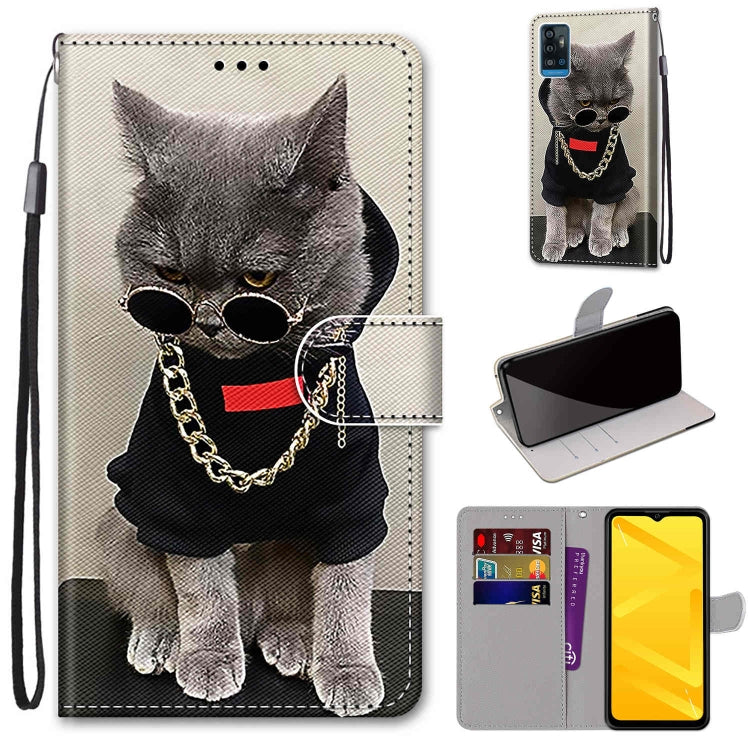PU leather flip phone wallet case with gray cat portrait, card slots, and wrist lanyard