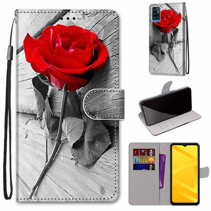 PU leather flip phone wallet case with red rose print, card slots, and wrist lanyard