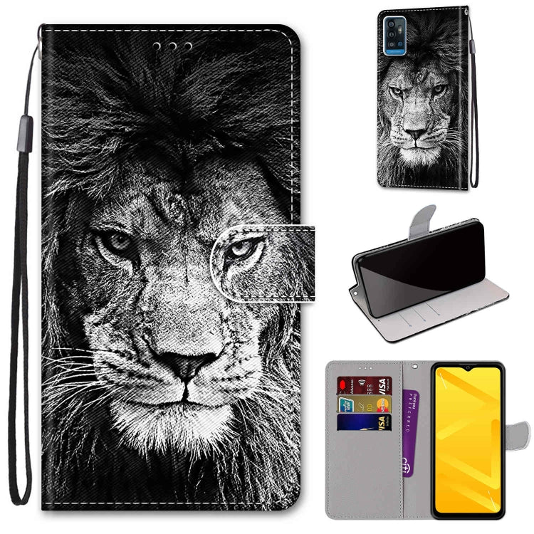 PU leather flip phone wallet case with black-and-white lion portrait, card slots, lanyard