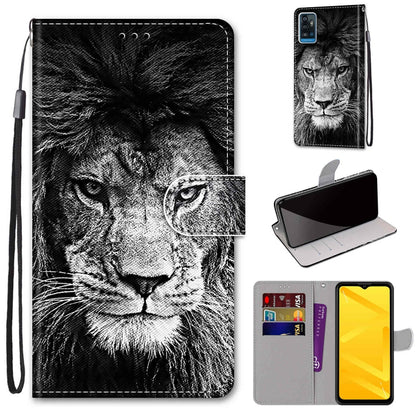 PU leather flip phone wallet case with black-and-white lion portrait, card slots, lanyard