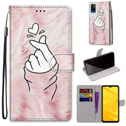 PU leather flip phone wallet case with white hand heart outline, card slots, and lanyard