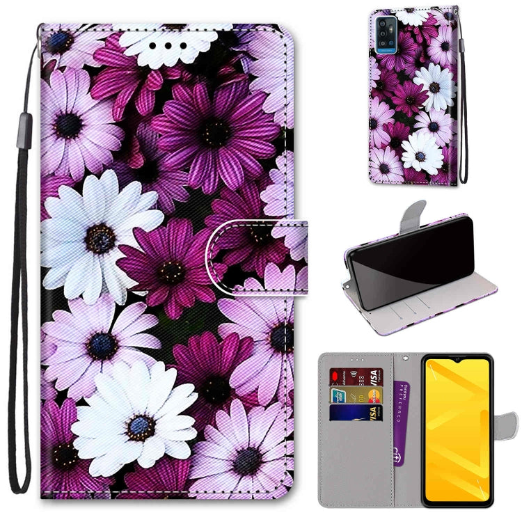 PU leather flip phone wallet case with purple and white daisy flowers, card slots, lanyard