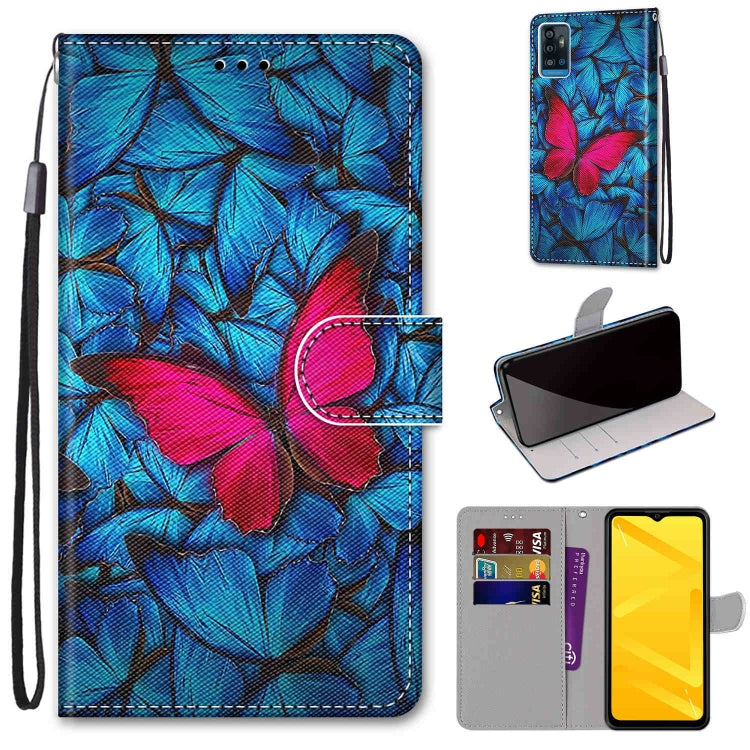 PU leather flip phone wallet case with blue leaf and red flower pattern, card slots, lanyard