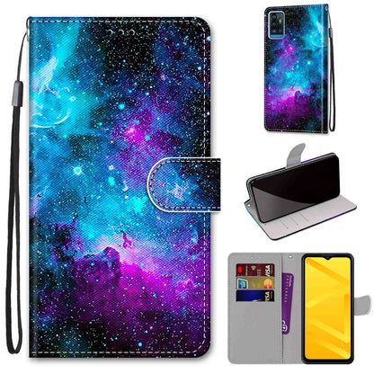 Galaxy patterned PU leather phone wallet case with flip cover, card slots & wrist strap.