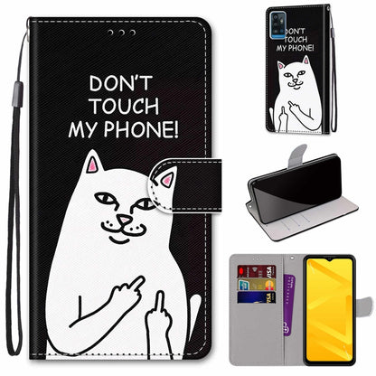 Black PU leather phone wallet case with cat graphic, flip cover, card slots & wrist strap.