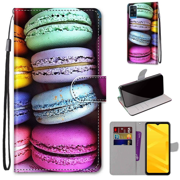 Colorful macaron PU leather phone wallet case with flip cover, card slots & wrist strap.