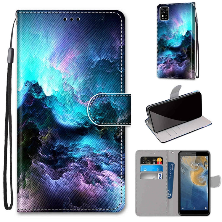 PU leather phone wallet case with flip cover, card slots, and lanyard; galaxy blue print