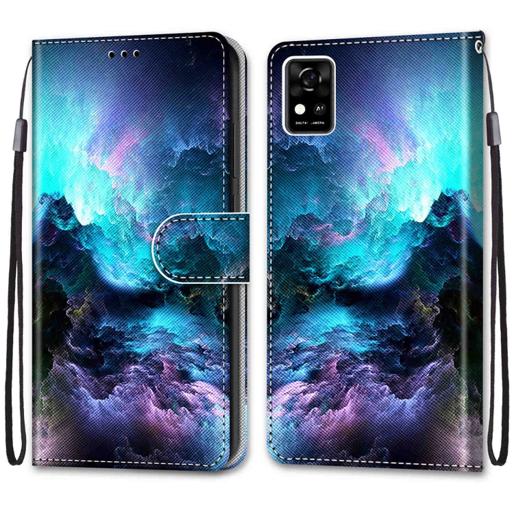 PU leather flip phone wallet case with card slots and strap; galaxy blue cloud print