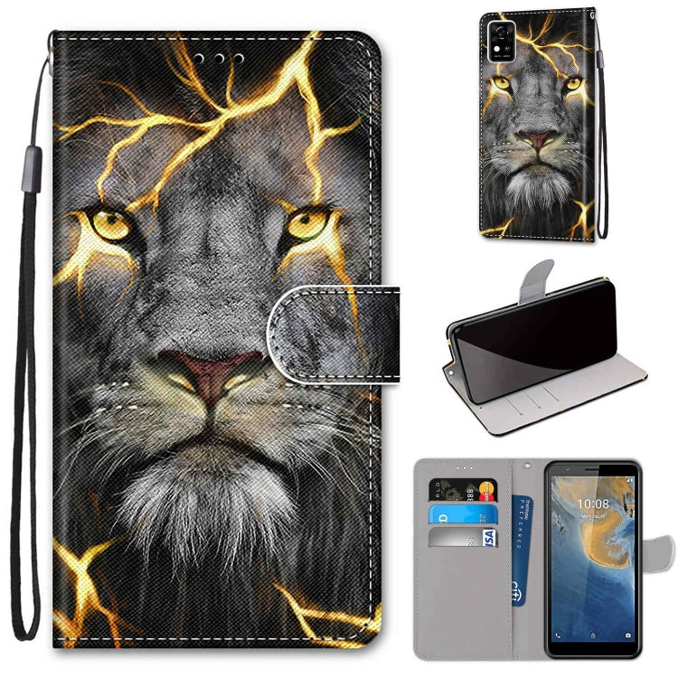 PU leather flip phone wallet case with card slots and strap; lion face with lightning print