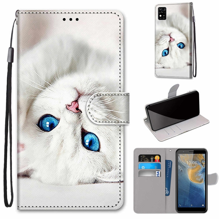 PU leather flip phone wallet case with card slots; white kitten face with blue eyes