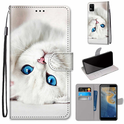 PU leather flip phone wallet case with card slots; white kitten face with blue eyes