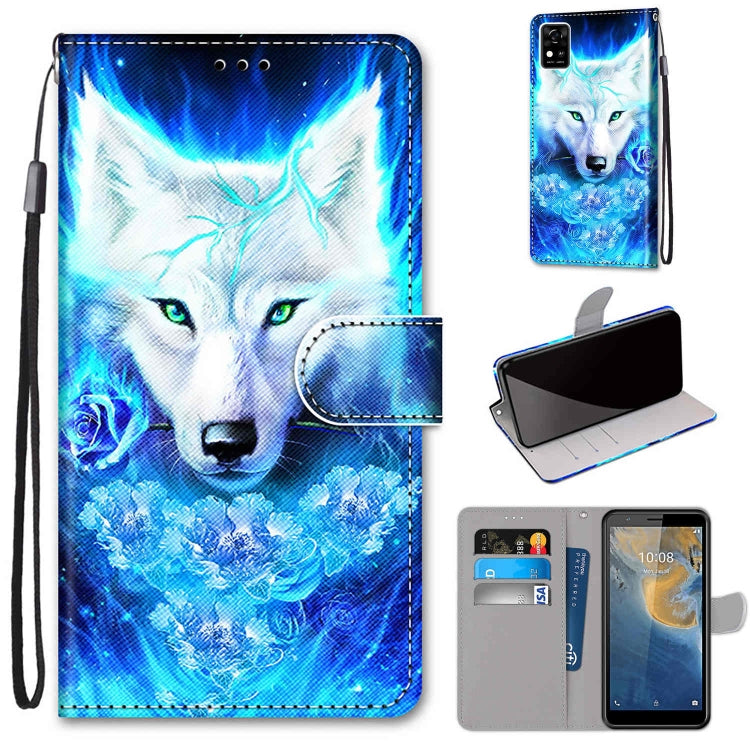 PU leather flip phone wallet case with card slots and lanyard strap; blue wolf face print