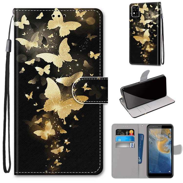 Butterfly PU leather phone wallet case with flip cover, card slots, and hand strap; black & gold