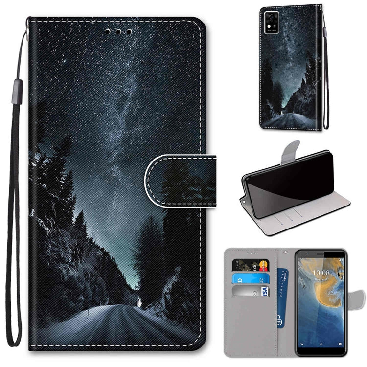 Night landscape PU leather phone wallet case with flip cover, card slots, and hand strap; forest scene