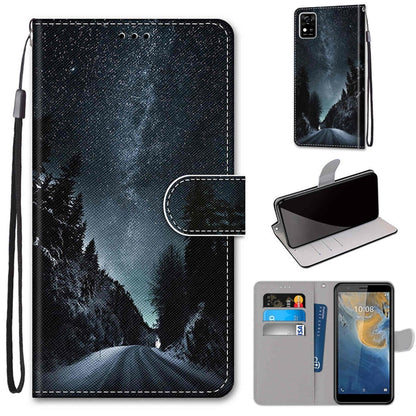 Night landscape PU leather phone wallet case with flip cover, card slots, and hand strap; forest scene