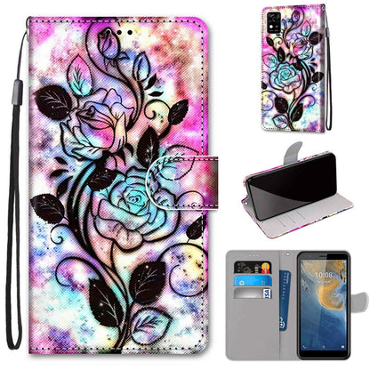 Floral rose PU leather phone wallet case with flip cover, card slots, and hand strap; pink & purple