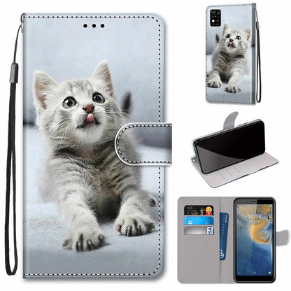 White cat PU leather phone wallet case with flip cover, card slots, and hand strap; kitten portrait