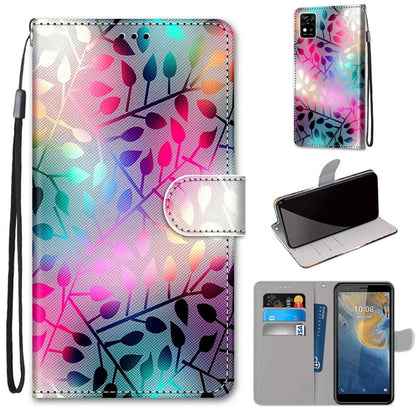 Colorful leaves PU leather phone wallet case with flip cover, card slots, and hand strap; multicolor