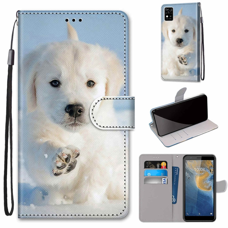 White dog PU leather phone wallet case with flip cover, card slots, and hand strap; puppy face