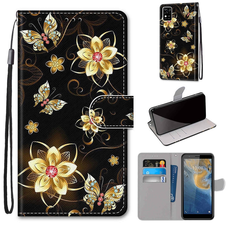 Butterfly and flower PU leather phone wallet case with flip cover, card slots, and hand strap; gold on dark