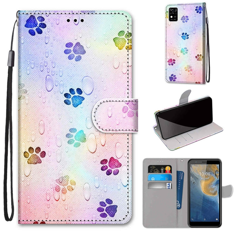 PU leather wallet phone case with card slots and lanyard, colorful paw print design.