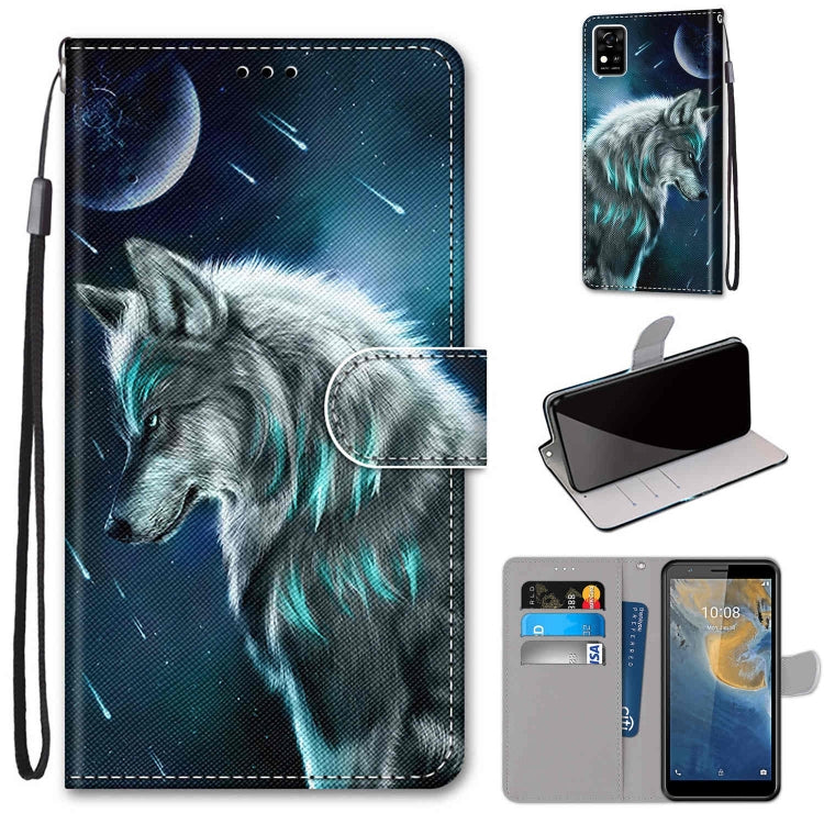 PU leather wallet phone case with card slots and lanyard, wolf and starry night design.