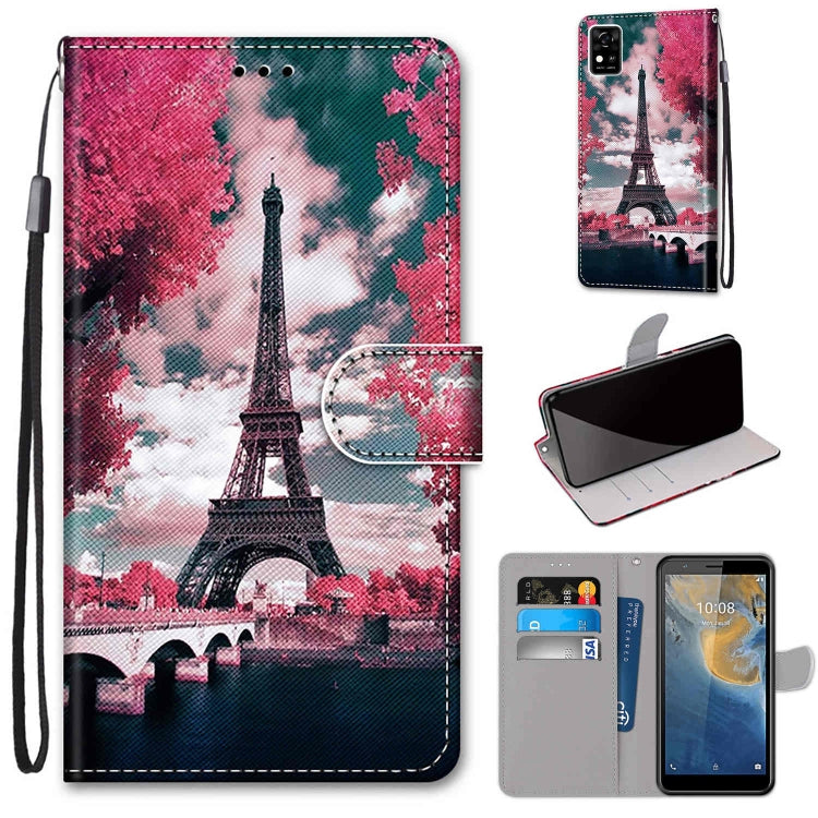 PU leather wallet phone case with card slots and lanyard, Eiffel Tower night scene design.