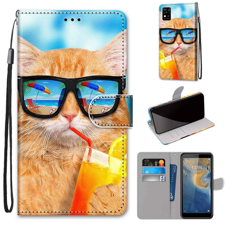 PU leather wallet phone case with card slots and lanyard, sunglasses cat design.