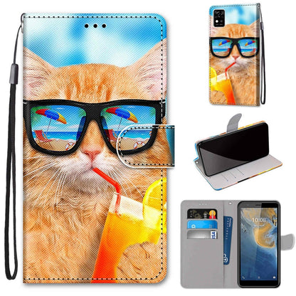 PU leather wallet phone case with card slots and lanyard, sunglasses cat design.