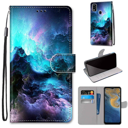 PU leather wallet phone case with card slots and lanyard, blue galaxy mountain design.