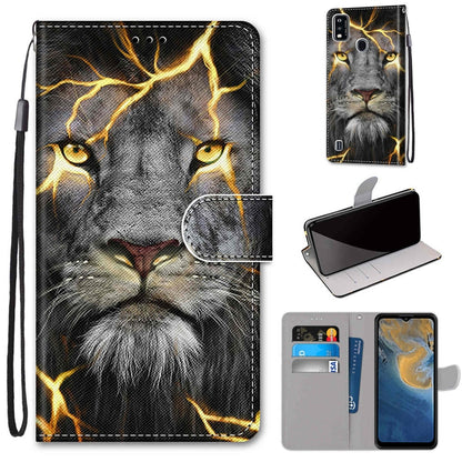 PU leather wallet phone case with card slots and lanyard, lion-face lightning design.