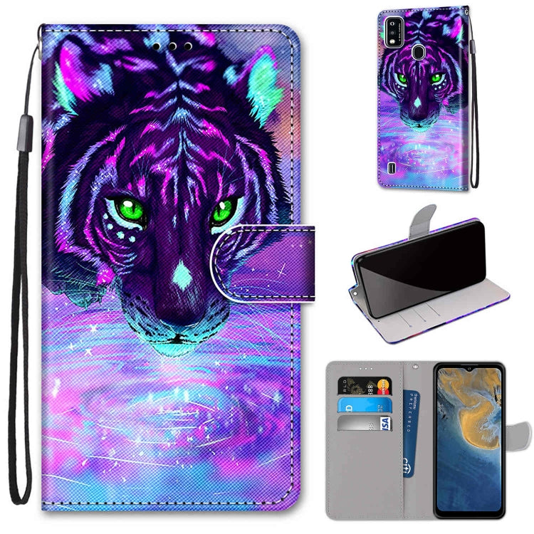 PU leather wallet phone case with card slots and lanyard, neon tiger face design.