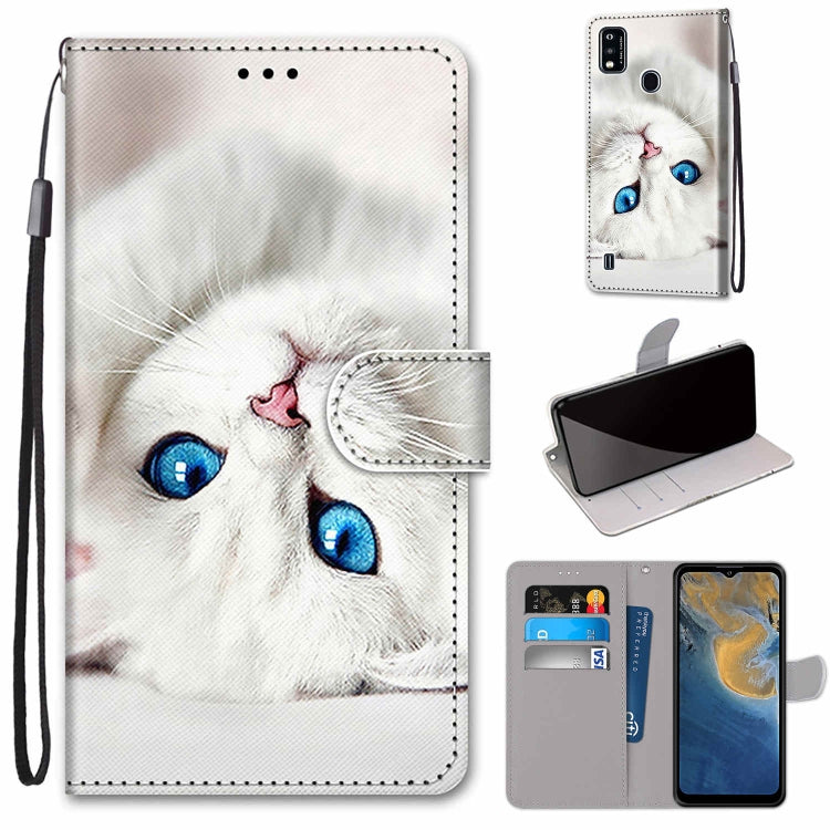 PU leather wallet phone case with card slots and lanyard, white cat close-up design.