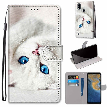 PU leather wallet phone case with card slots and lanyard, white cat close-up design.
