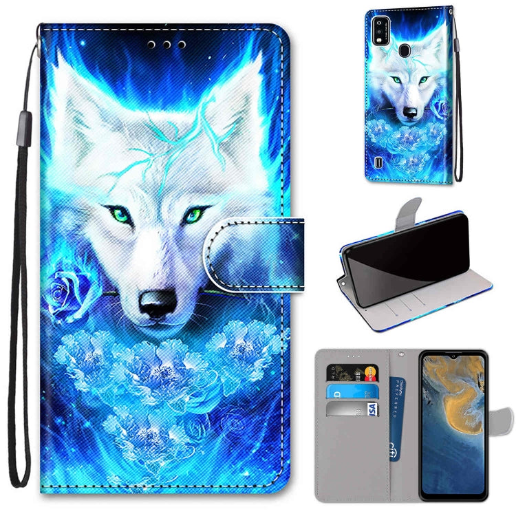PU leather wallet phone case with card slots and lanyard, blue wolf portrait design.