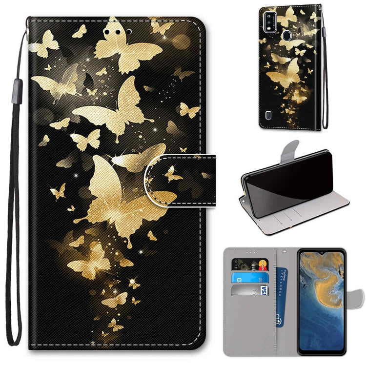 PU leather phone wallet case with gold butterfly design, magnetic flip, card slots, strap