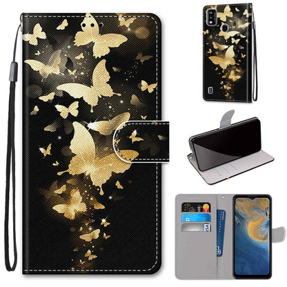PU leather phone wallet case with gold butterfly design, magnetic flip, card slots, strap