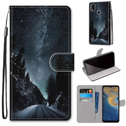 PU leather phone wallet case with night forest moon design, magnetic flip, card slots, strap