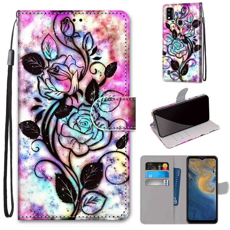 PU leather phone wallet case with colorful floral rose design, magnetic flip, card slots, strap
