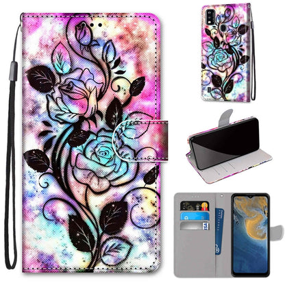 PU leather phone wallet case with colorful floral rose design, magnetic flip, card slots, strap