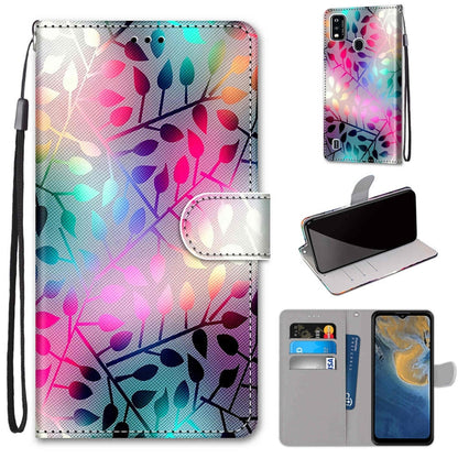 PU leather phone wallet case with colorful leaf pattern, magnetic flip, card slots, strap